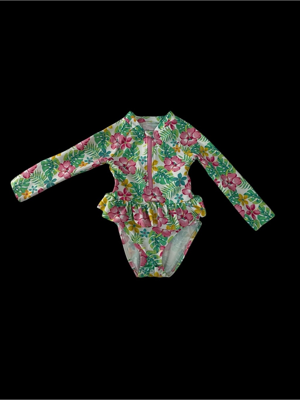 Little Me Pink & Green Floral Ruffle Rashguard One-Piece